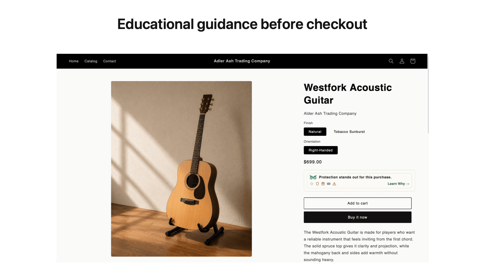 Guitar product page showing compact Pawyz guidance before checkout